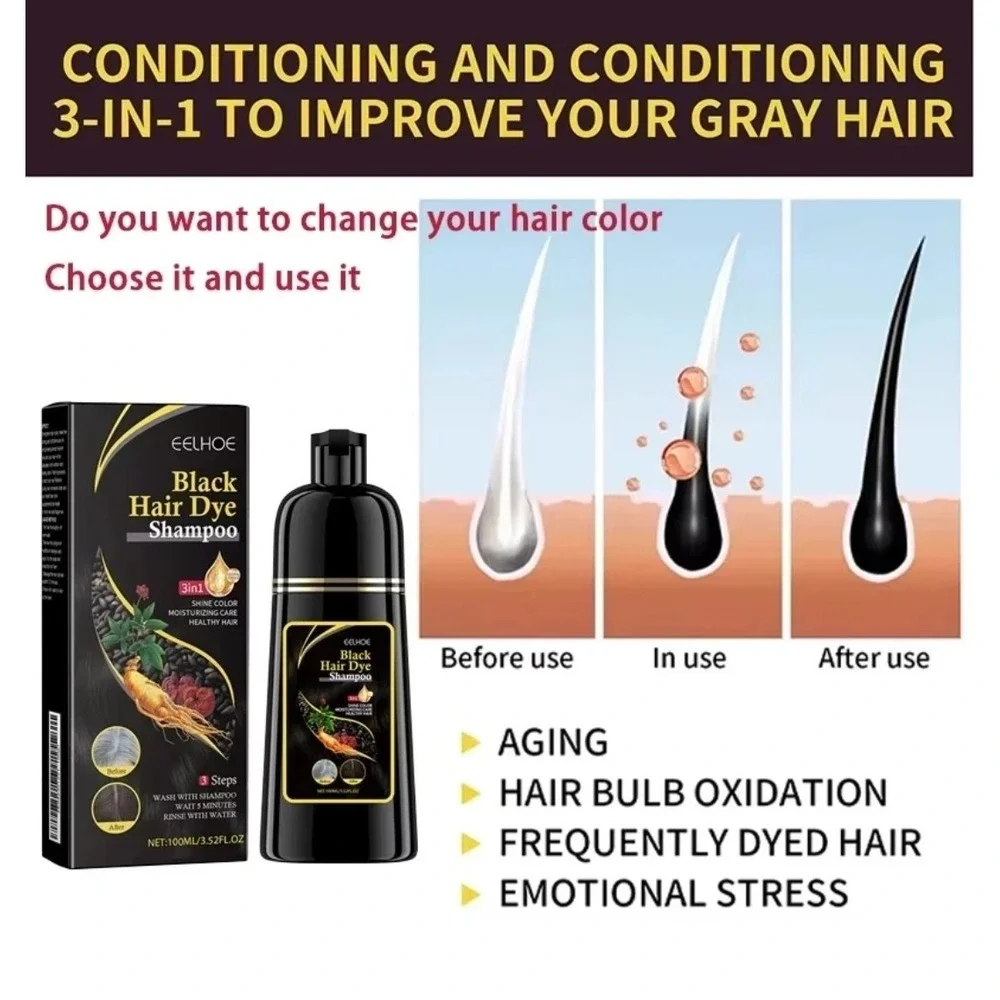 3-in-1‎ Natural Black Hair Dye Shampoo - Hair Darkening, Growth Boost, Moisture
